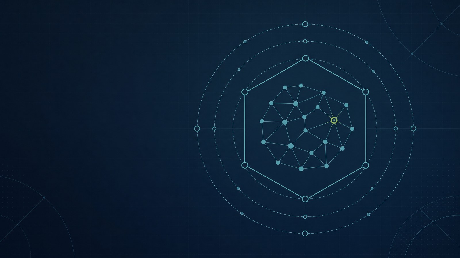 Abstrakte Darstellung eines sechseckigen Rahmens mit einem Netz verbundener Knoten im Inneren, umgeben von drei gestrichelten Ringen als Sinnbild für Leitplanken und Verantwortungsebenen
